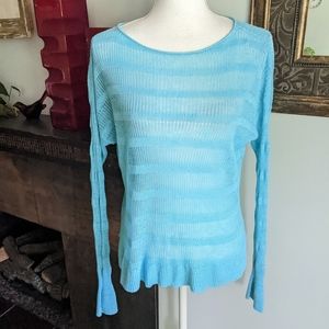 Eileen Fisher Light Blue Open Knit Striped Boatneck Sweater Long Sleeve Wmn's XS